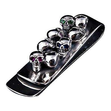 Gem Skull 925 Sterling Silver Biker Money Clip Gothic Skeleton  