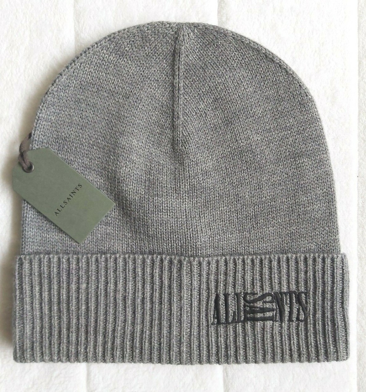 Genuine ALLSAINTS Lightweight 30% Wool Grey Marl Cuff Logo BEANIE Hat Woman TAGS