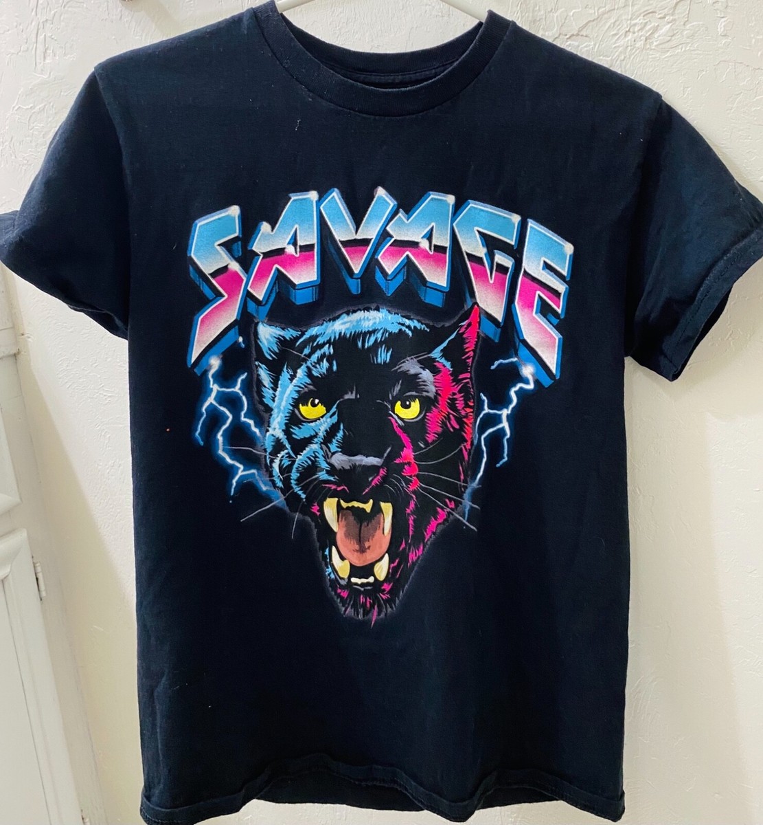 Dom Savage Black Panther T-Shirt Mens S 80s Neon Graphic - Short