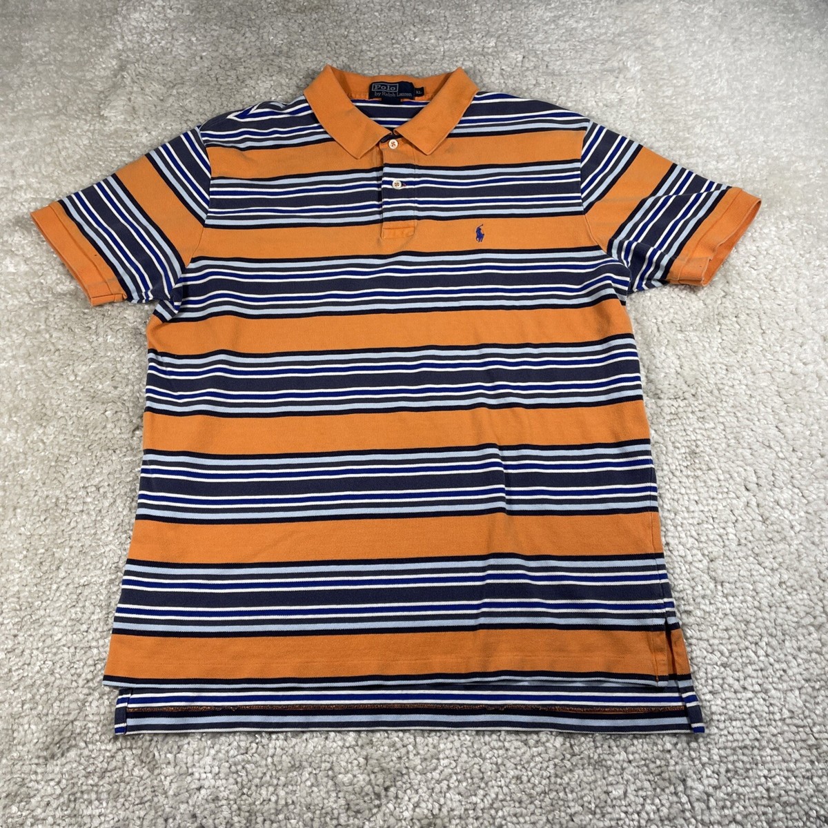 Vintage Ralph Lauren Polo Shirt Mens XL Striped Orange Blue Pony