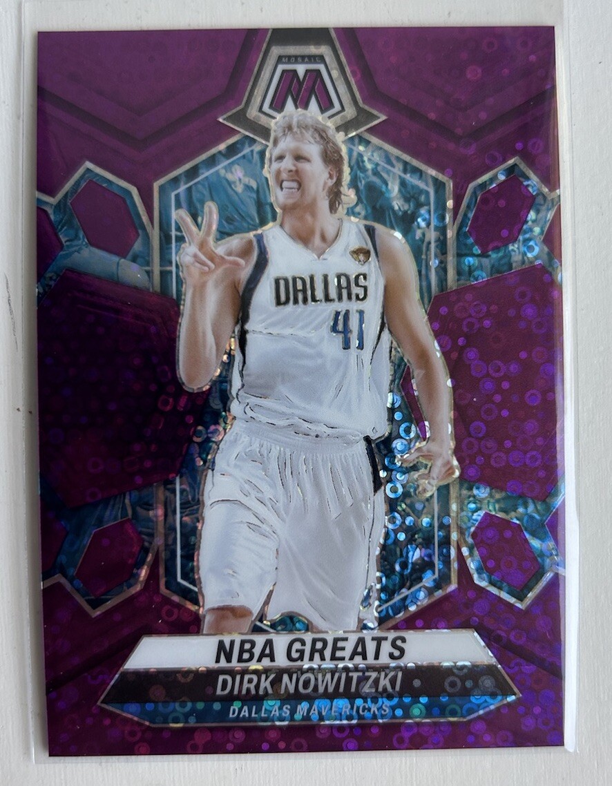 2023-24 Panini Mosaic Dirk Nowitzki Fast Break Purple Disco Prizm /50 NBA Greats