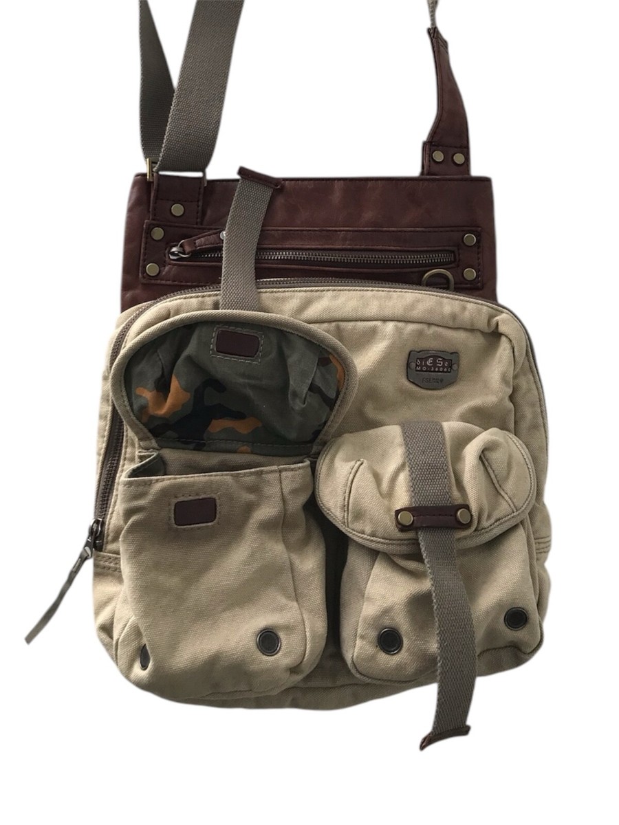 DIESEL Vintage Leather & Canvas Bag Khaki Multipocket Utility