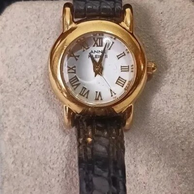 Ladies ANNE KLEIN Gold Tone Quartz Watch, Black Leather Band  display picture 1