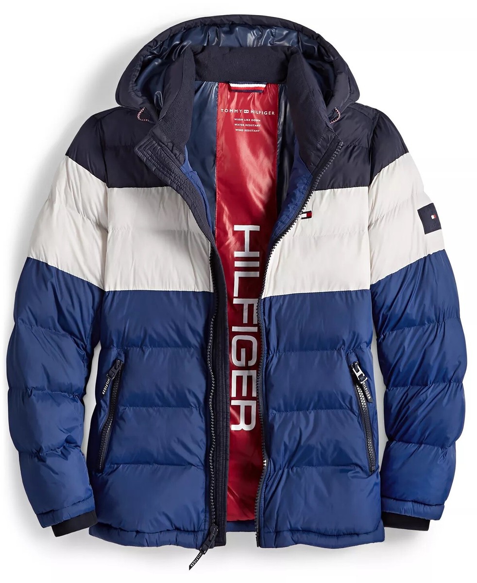 Tommy Hilfiger Men's Quilted Puffer Hooded Puffer Jacket Blue