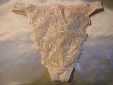 Vintage 90s Victorias Secret Ivory Sheer Floral Lace Hi-Cut Thong Panties L EUC