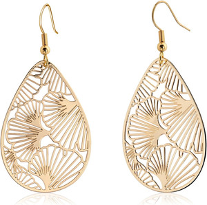 Authentic 14K Gold Plated Silver Teardrop Filigree Dangle Earrings Lightweight Ginkgo Leaf