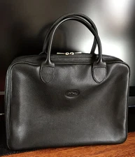 Vintage Longchamp Paris Black Pebbled Leather Satchel Business Bag Gold Zippers