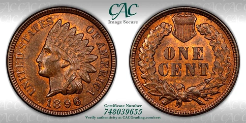 CACG MS-63 RB 1896 Indian Head Cent, Richly Hued, Red-Brown specimen.