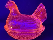 green Vaseline uranium glass Hen Chicken on nest basket rooster egg butter candy