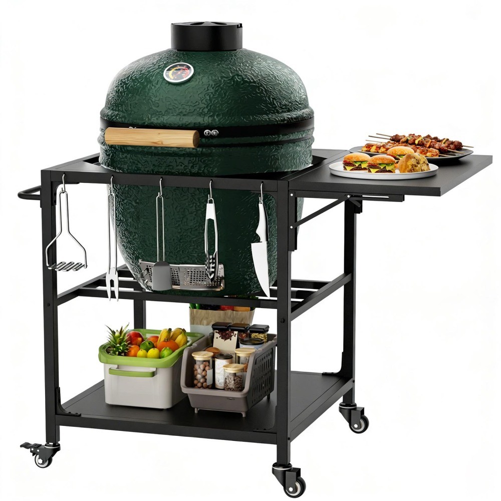 Outdoor Grill Table for Big Green Egg Style BBQ Heavy Duty Metal Cart Prep Table
