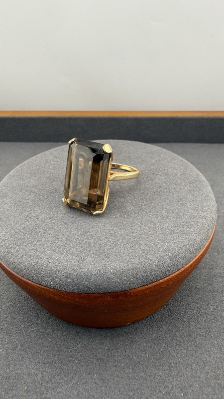 12K Yellow Gold Smoky Quartz Emerald Cut Ring Size 7.25 12.37g Vintage