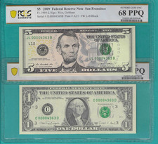$1 and $5 2X Matching LOW Serial Number 4 Digit 00004363 PCGS Graded 68/65PPQ