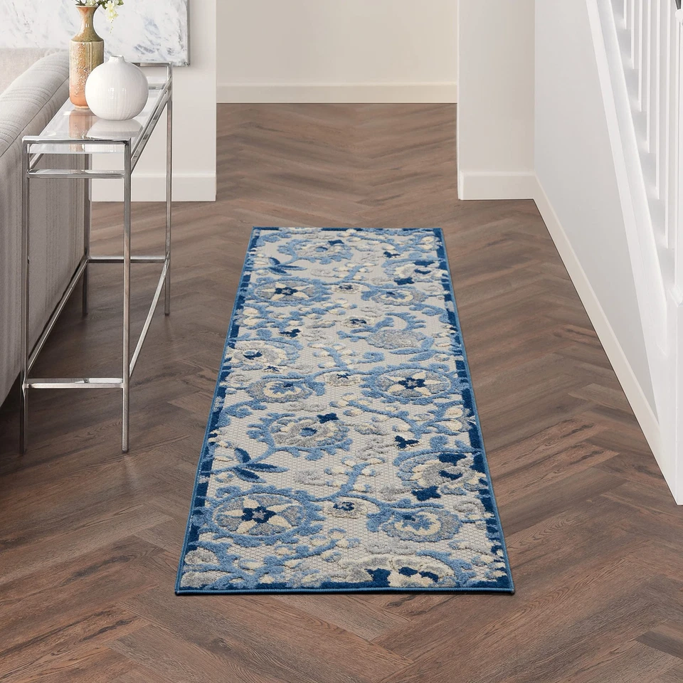 Blue Grey Floral Kitchen Runner Rug 2X8 Durable Polypropylene Indoor Outdoor - Image 3 of 4