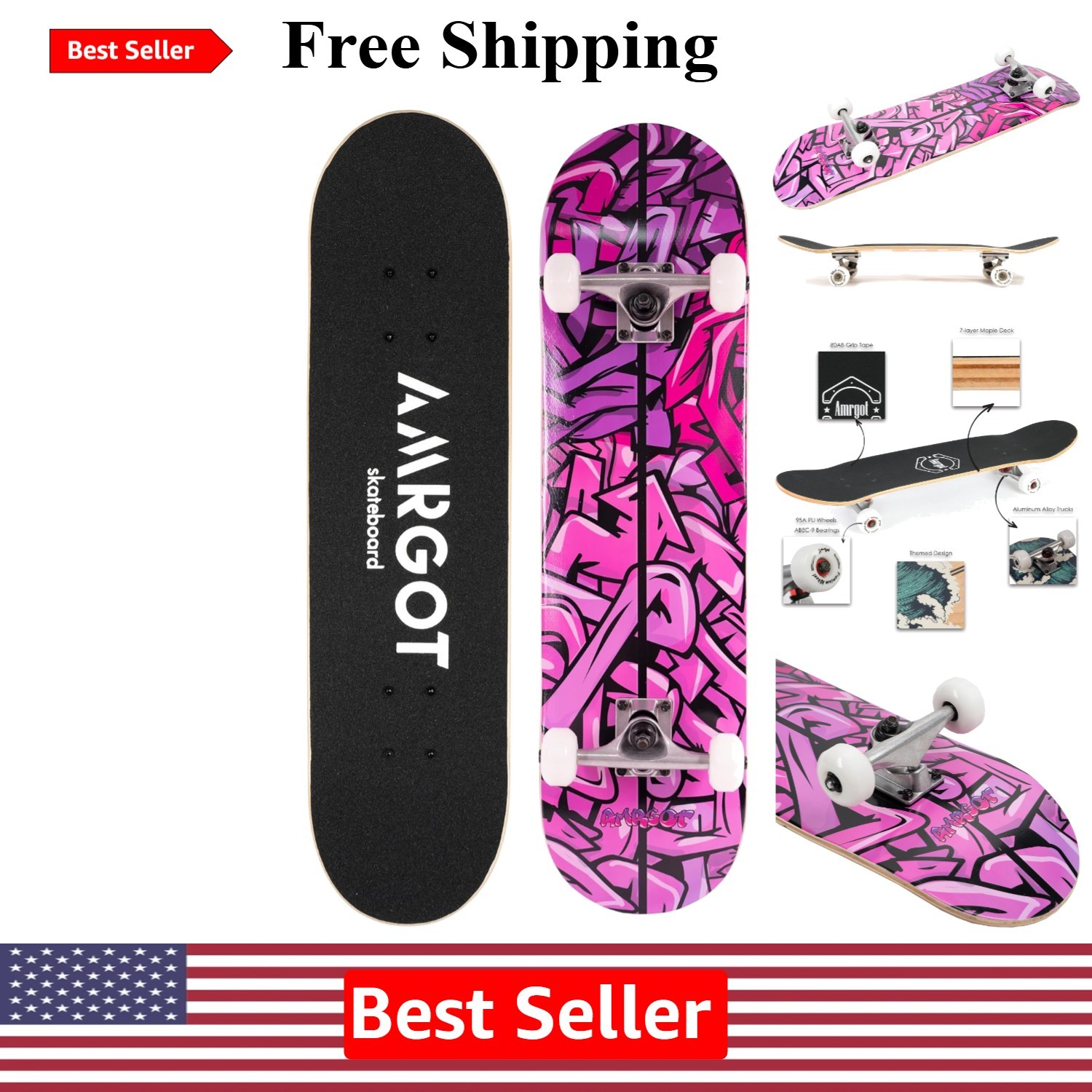 Complete 31" x 8" Skateboard for Kids & Adults - Smooth Ride with Tricks