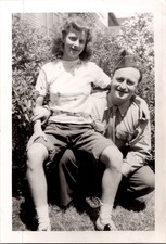 Vintage 1946 WWII Era Soldier Woman Outdoor Portrait Photo Black White Velox