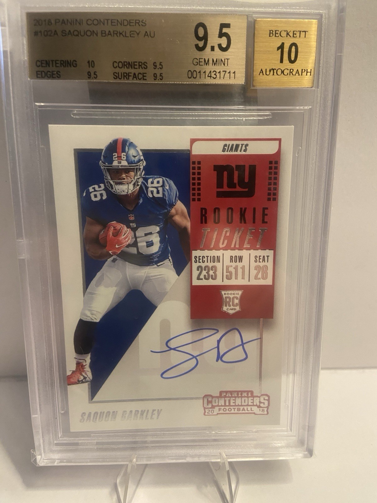2018 Panini Contenders #102 Saquon Barkley RC ROOKIE TICKET AUTO BGS 9.5 GEM