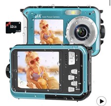 Waterproof 4K Auto Focus Camera with Dual Screens  32GB microSD Card