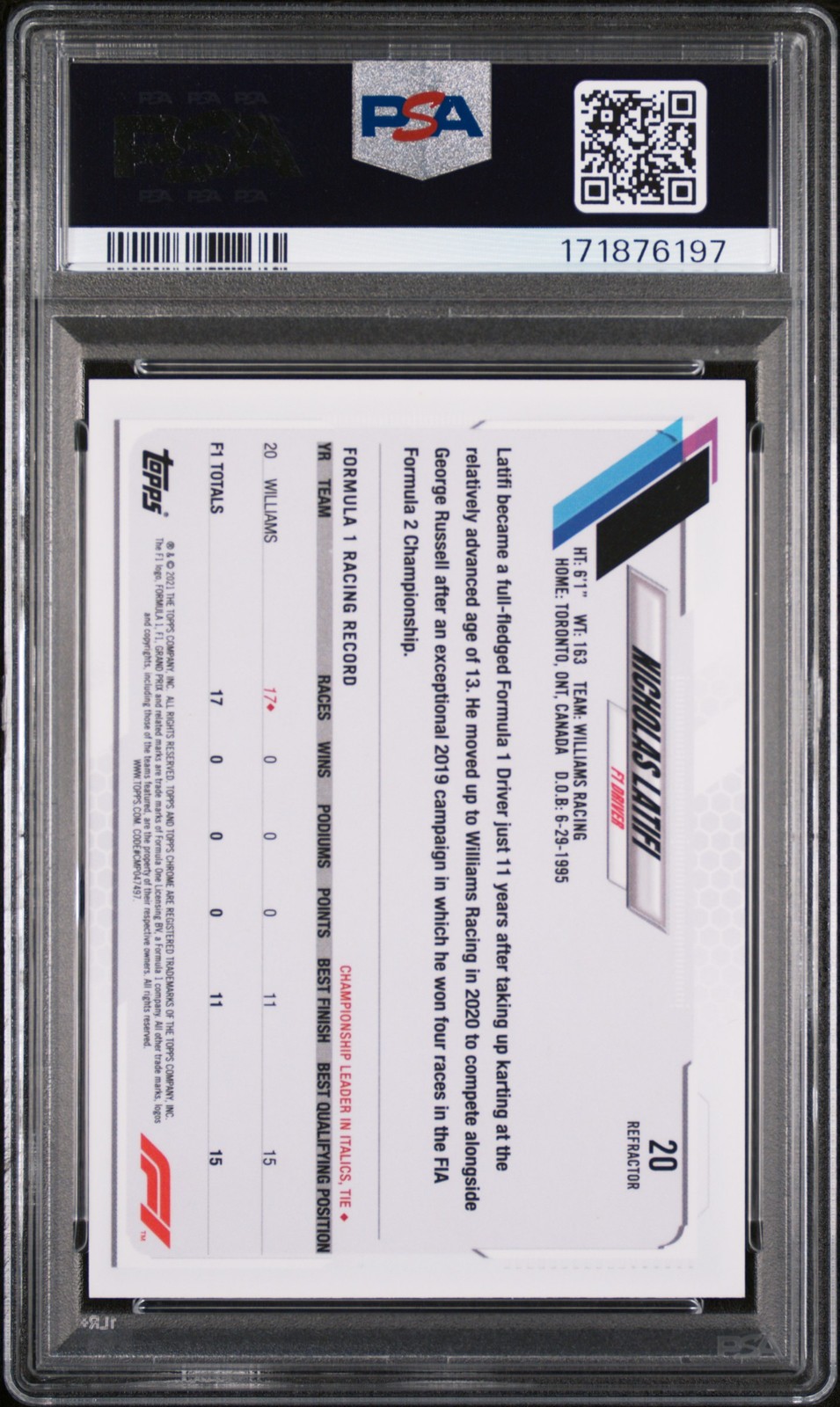 2021 TOPPS CHROME FORMULA 1 REFRACTOR #20 NICHOLAS LATIFI PSA 8 view 2
