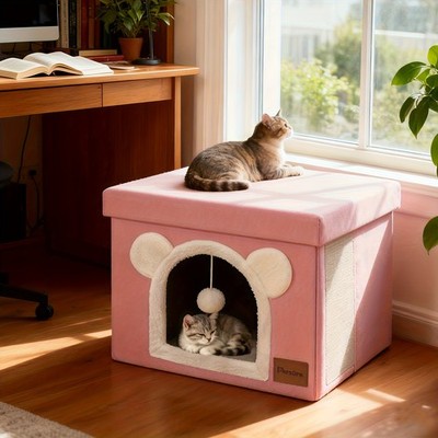 Interactive Cat Condo Cube House Indoor Folding Cute Cave Bed Scratching Pad Toy