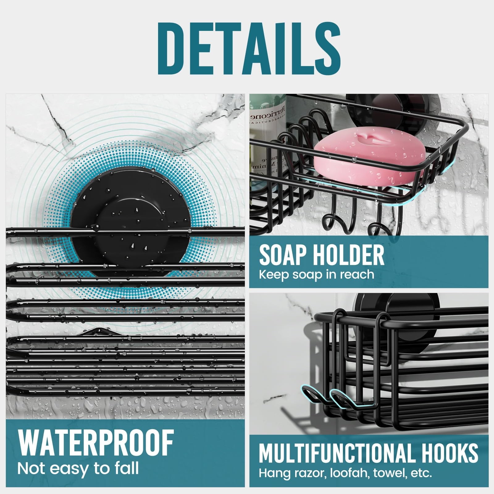 Shower Caddy Suction Cup 2 Pack with Hooks & Soap holder, Heavy Duty Shower O...