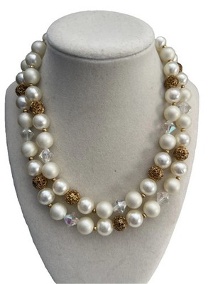 Vintage Double Strand Bib Pearl Filigree & Crystal Necklace With Fancy Box Clasp