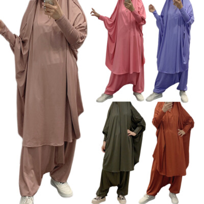 2PCS Ramadan Women Overhead Hijab Khimar Pants Prayer Set Abaya Muslim Kaftan