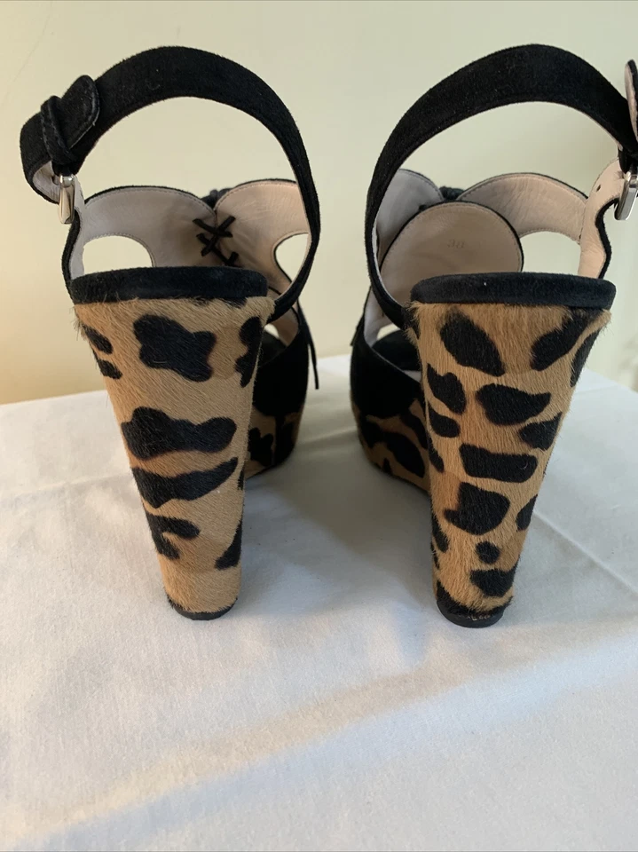 ZAPATOS PRADA TACONES DE GAMUZA plataforma peep toe botas NEGRO ESTAMPADO LEOPARDO 38 EE. UU. Foto 4 de 4