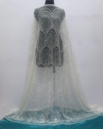 OFF WHITE 1.8 Yards Off White Embroidery Sequins Mesh Dress Bridal Lace Fabric Width 52"