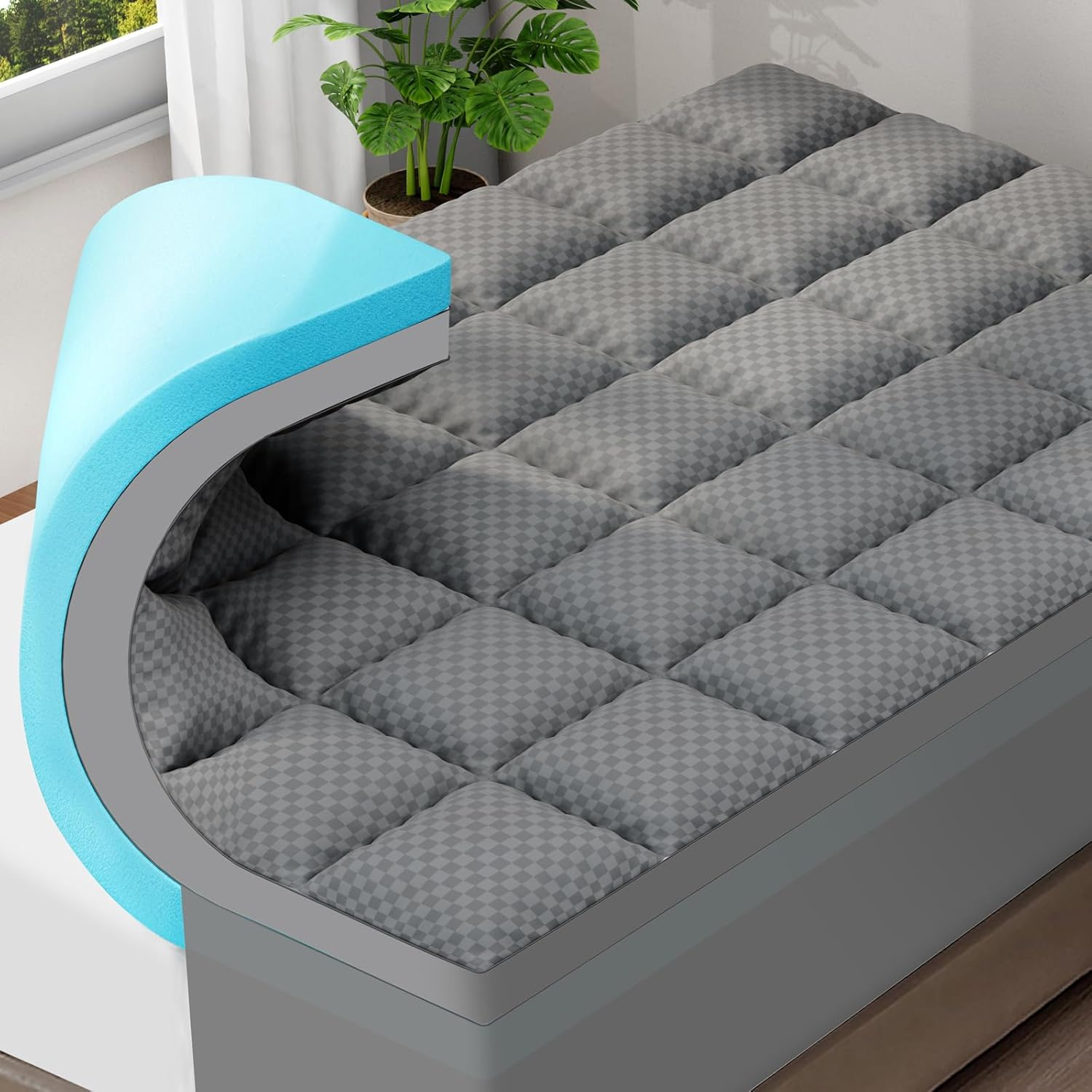 Dual-Layer 4 Inch Queen Size Memory Foam Mattress Topper for Back Pain, 2 Inch C