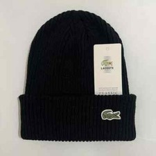 Lacoste Unisex Ribbed Winter Beanie - Classic Brushed Wool Knit Cap Black