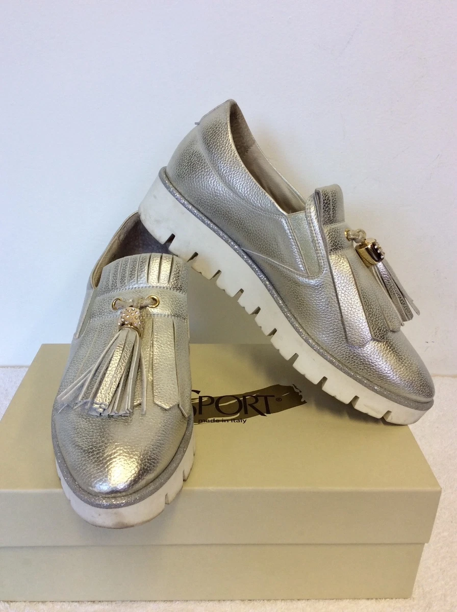 DL SPORT SILVER WHITE WEDGE HEEL LEATHER LOAFERS SIZE 7 40 COST 160