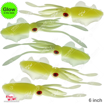 5pcs Fish WOW! GLOW 6'' Fishing Chase Squid Skirt Real-like Octopus lure 3D eye