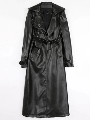 Real Leather Trench Coat Womens Long Sleeve Luxury Fashion Overcoat Windbreaker - Bild 14 von 19