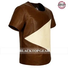 BlackTop® Men New Classic Brown Cream Genuine Lambskin Leather T-Shirt All Sizes