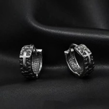 Mens Small Silver Cross Huggie Hoop Earrings Stainless Steel Punk Biker Jewelry