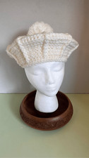 VTG Women  Handmade Ivory Chunky Knit Crochet Beret Hat Pom pom Japan Acrylic