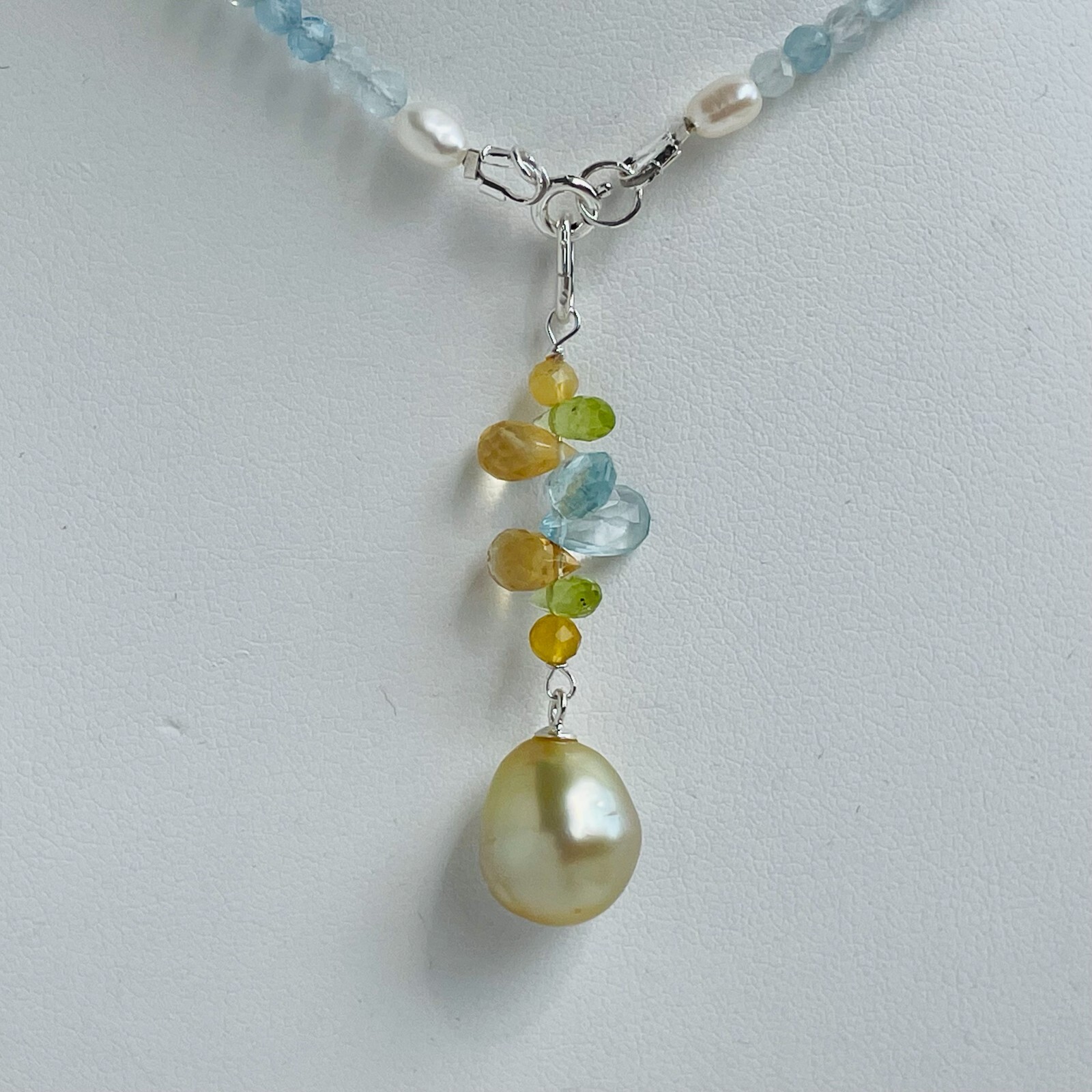 Pendentif argent perle des mers du sud véritable avec aigue-marine et citrine