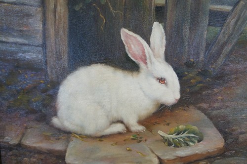 Vintage C. Garnet Realist Farmhouse Bunny Rabbit Portrait Oil Painting 24" - Picture 9 of 12