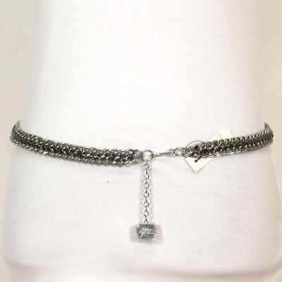 RALPH LAUREN Silver Double Chain Link Patent Leather Woven Logo Charm Belt L/XL Ralph Lauren Sterling Silver Chain Buckle Belt main image 3