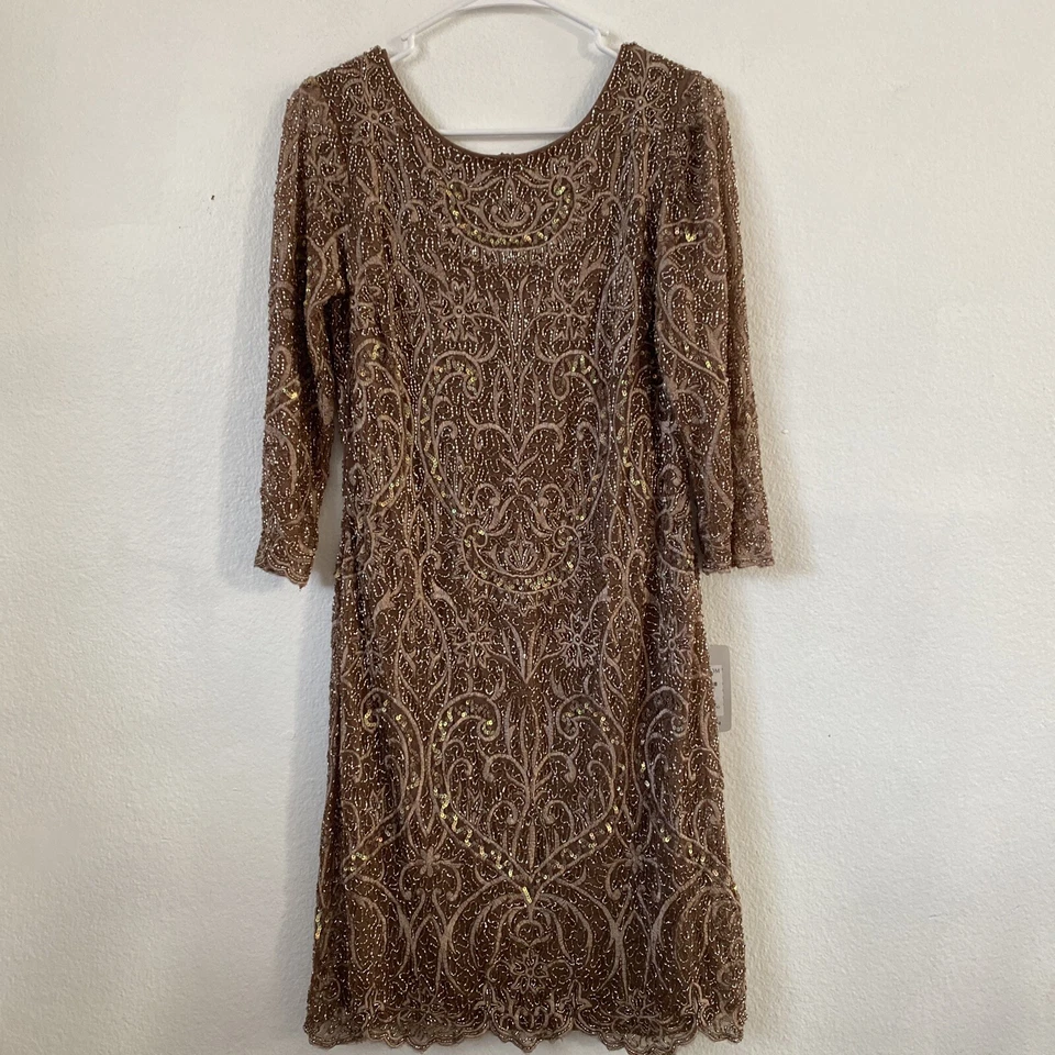 Vestido Vaina Pisarro Nights Cuentas Lentejuelas Bordado Manga Cóctel Tostado Talla 8 Foto 2 de 4