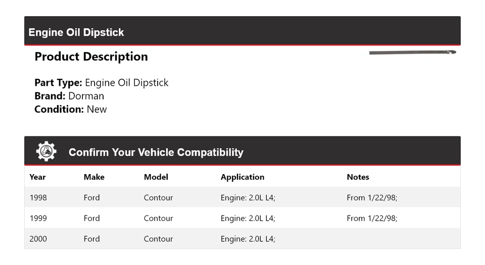 Vareta de óleo de motor 1999 para 1998-2000 Ford Contour 2.0L L4 Dorman - Imagem 2 de 4