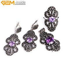 Set Ring Pendant Earrings Antiqued Tibetan Silver Marcasite Flower Shape Jewerly