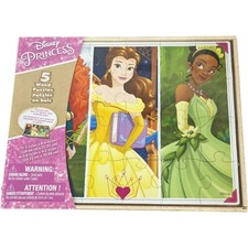 Disney Princesses 5 Puzzle Pack Wood Storage Box Tray Educational Learn Belle