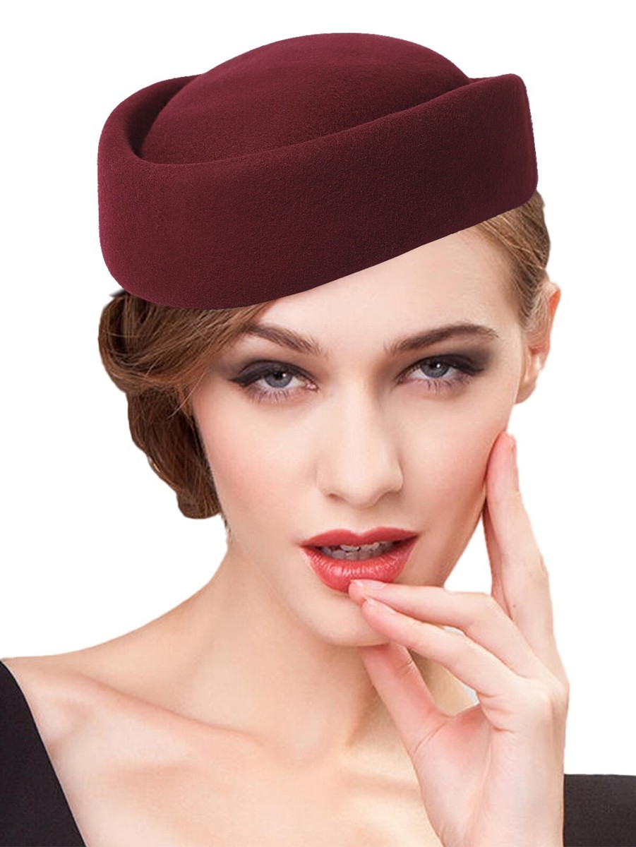 Burgundy Wool Felt Fascinator Pillbox Hats Cocktail Wedding  display picture 1