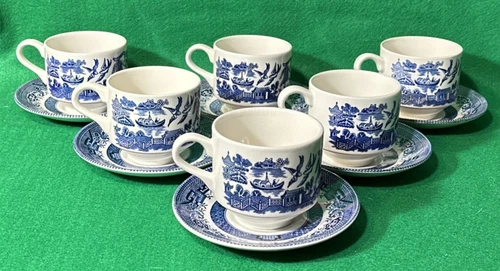 VTG Set 6 Churchill Blue Willow Coffee Tea Cups and Saucers Made in England