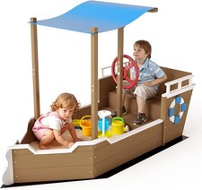 PETSCOSSET Outdoor Kids Wooden Sandbox with Canopy, Pirate Ship Sandbox with Lid