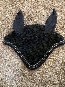 Custom handmade horse/full/medium fly bonnet black with black and crystal trim
