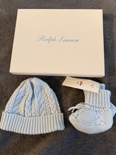 Ralph Lauren Baby Blue Cable Knit Beanie Hat  Booties 0-3 months NEW NB