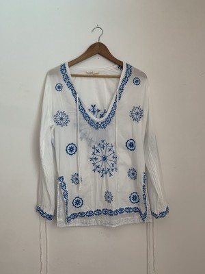 Surf Gypsy Bohemian Embroidery Coverup Sz M Tunic Long Sleeve White Blue Peasant