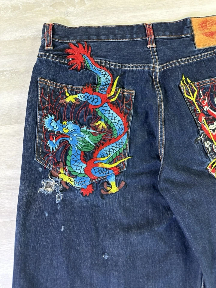 Vintage Ed Hardy Dragon Baggy Wide Leg Y2K Denim Jean Shorts Size 40 Jorts 2008 - Image 3 of 4